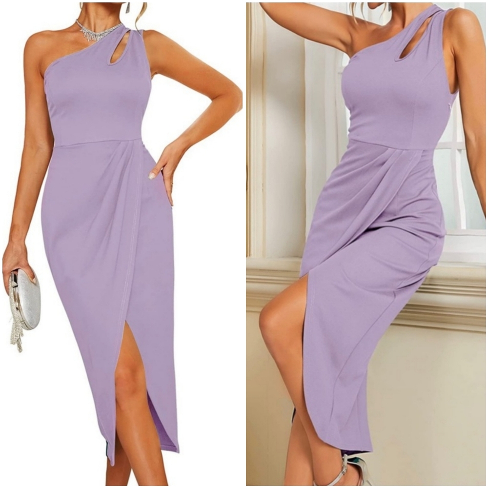 NWT Prettygarden Light Purple One Shoulder Ruched Formal Cocktail Midi Dress L
